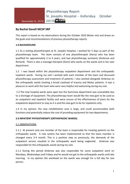 Rachel S Physiotherapy Report St Josephs Motec Life Uk