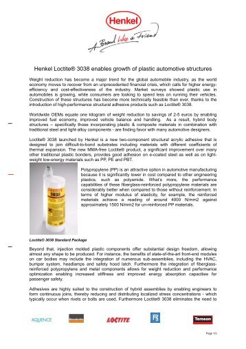 Henkel LoctiteÂ® 3038 enables growth of plastic automotive structures
