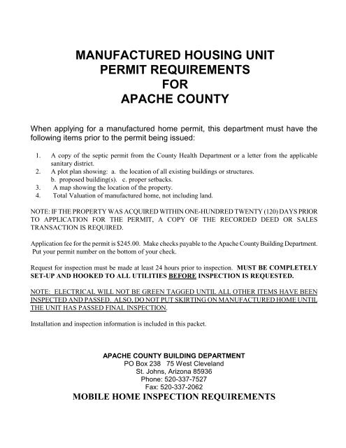 manufactured housing unit permit requirements for apache county