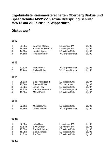 Kreismeisterschaften Diskus/Speer M/W 12-15 und ... - LVN Oberberg