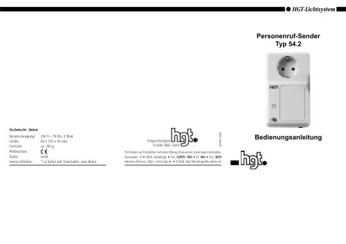 Bedienungsanleitung HGT-Lichtsystem Personenruf-Sender Typ 54.2