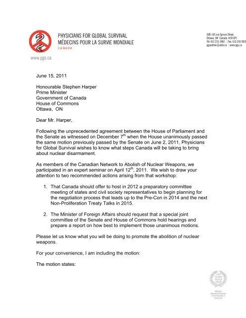 Ican Letter To Mps Physicians For Global Survival