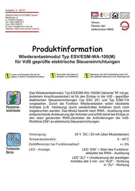 Produktinformation - Simon RWA