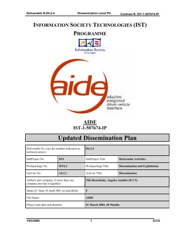 PROGRAMME AIDE IST-1-507674-IP Updated Dissemination Plan