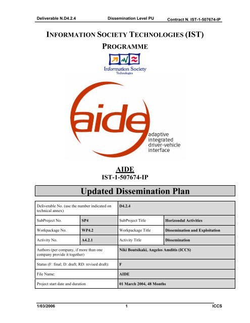 PROGRAMME AIDE IST-1-507674-IP Updated Dissemination Plan