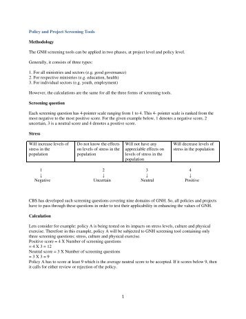 1 Policy and Project Screening Tools Methodology The GNH ...