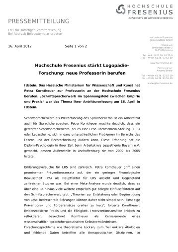 PRESSEMITTEILUNG - Hochschule Fresenius