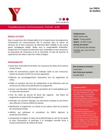 CV - Intervenant(e) communautaire Programme Premier arrÃƒÂªt - YMCA