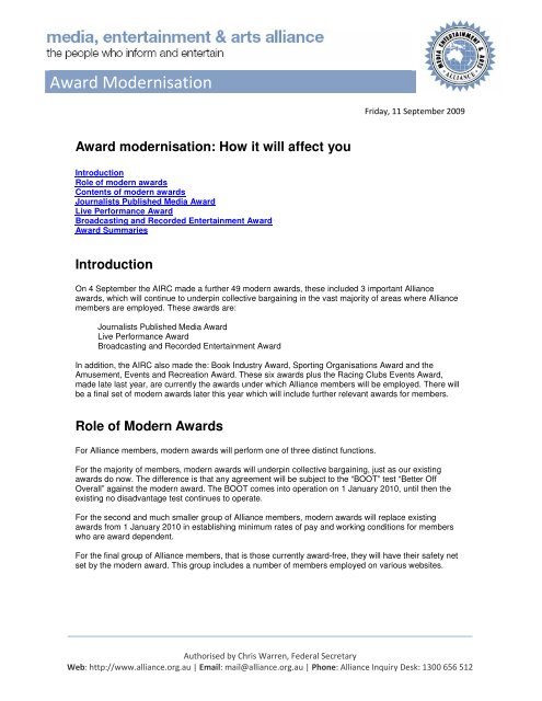 Award Modernisation - Media, Entertainment and Arts Alliance
