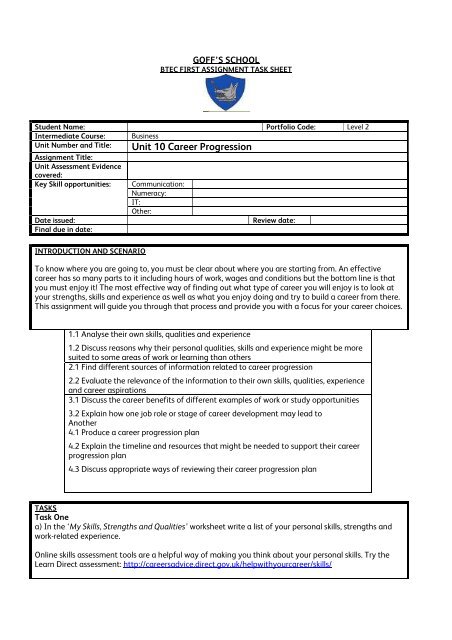 Unit 10 - Career progression Pupil booklet - Goffs School