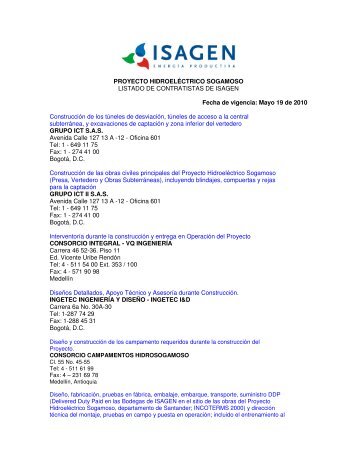 proyecto hidroelÃ©ctrico sogamoso listado de contratistas - Isagen