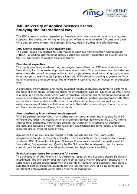 Press information English 2011 - IMC Fachhochschule Krems GmbH