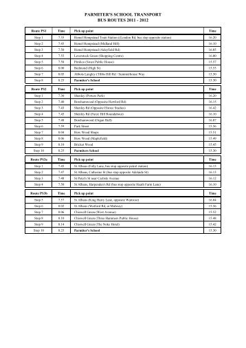 PARMITER'S SCHOOL TRANSPORT BUS ROUTES 2011 - 2012