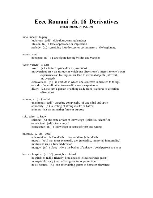 Ecce Romani ch. 16 Derivatives - Lewiston School District