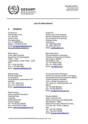 GESAMP 39/INF.1 20 APRIL 2012 ENGLISH ONLY LIST OF ...