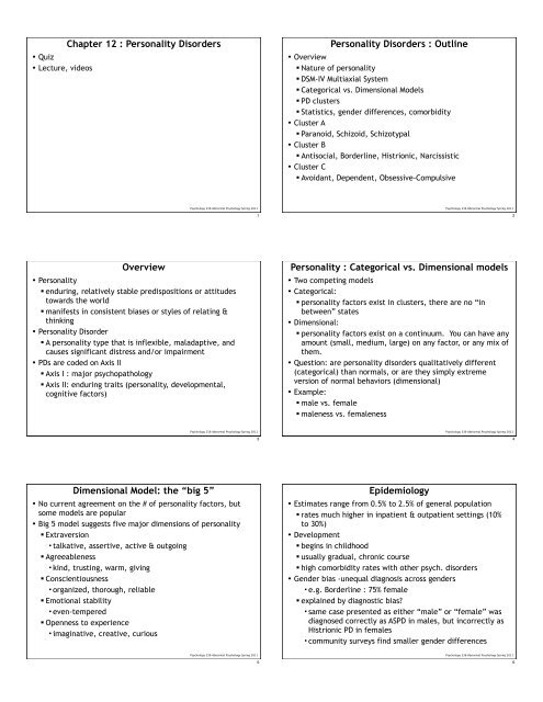 Chapter 12 : Personality Disorders Personality Disorders : Outline ...