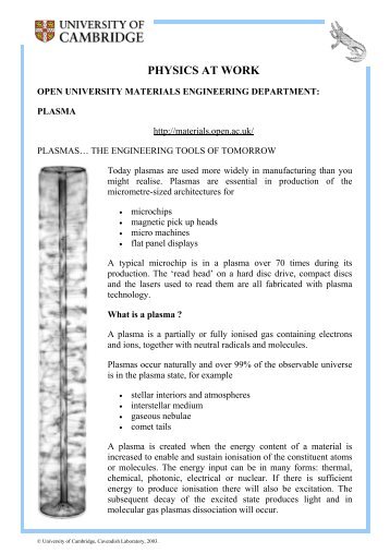 PHYSICS AT WORK - University of Cambridge