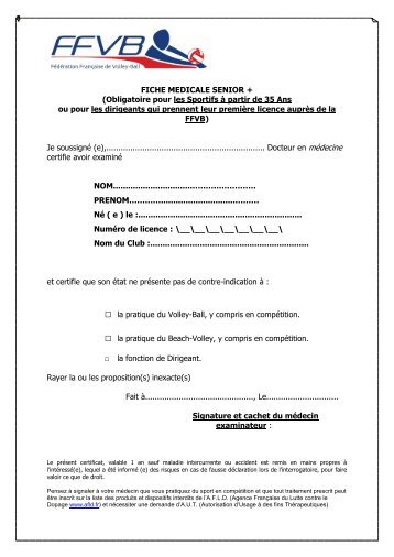 Fiche Médicale Senior + - Extranet FFVB