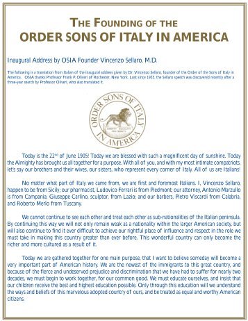 Vincenzo Sellaro Inaugural Address - Order Sons of Italy in America
