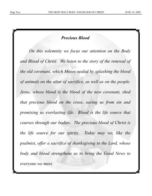 Precious Blood On this solemnity we focus our ... - St. Agnes Parish