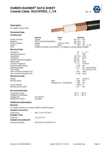 HUBER+SUHNERÂ® DATA SHEET Coaxial Cable ... - Nkt-rf.ru