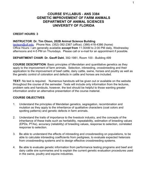course syllabus - ans 3384 genetic improvement of farm animals ... course syllabus - ans 3384 genetic improvement of farm animals ...