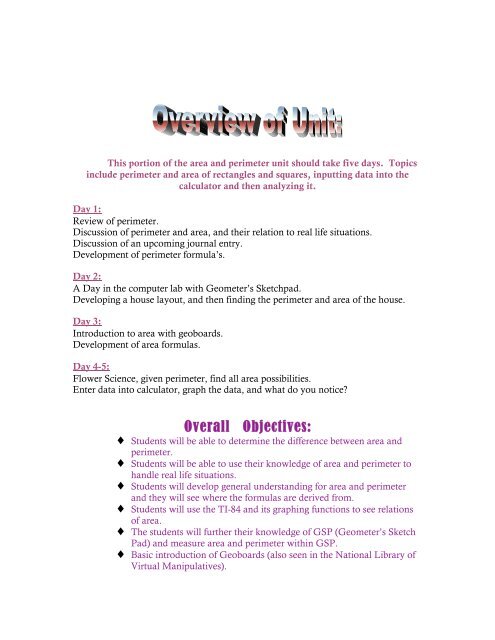 %Unit: Perimeter & Area% %Grade level: 10- Geometry% %Time ...