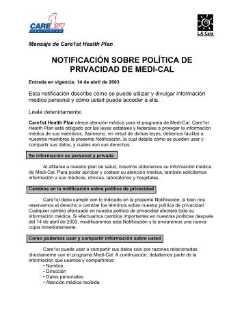 NOTIFICACIÓN SOBRE POLÍTICA DE PRIVACIDAD DE MEDI-CAL