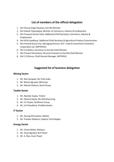 List of members of the official delegation Suggested list of business ...