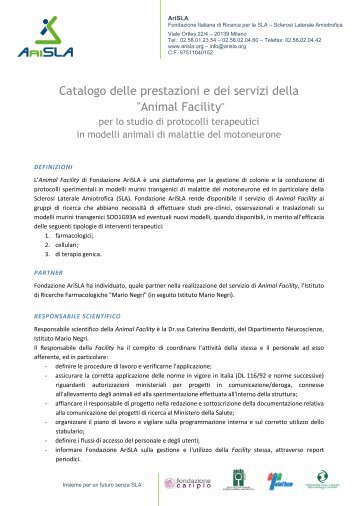 Catalogo delle prestazioni e dei servizi della "Animal Facility" - Arisla