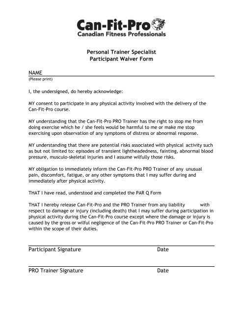 Personal training waiver and release form