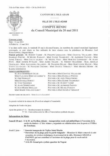COMPTE RENDU du Conseil Municipal du 20 mai 2011 - L'Isle-Adam