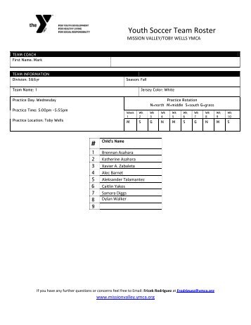 Youth Soccer Team Roster # Child's Name - Mission Valley YMCA