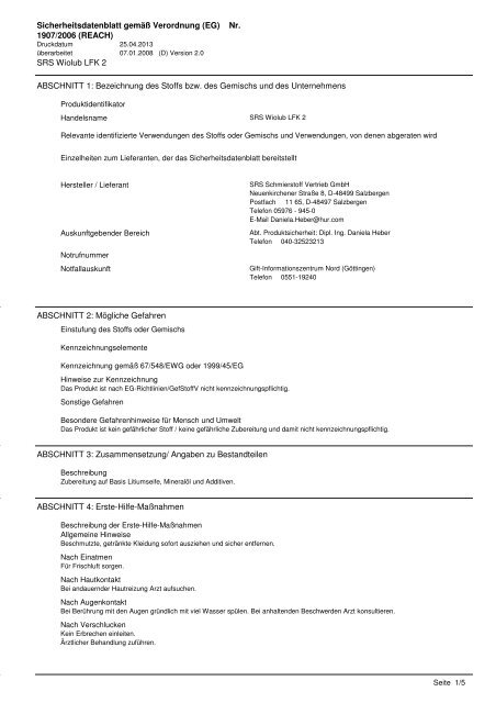 MSDS SRS Wiolub LFK 2 - SRS Schmierstoff Vertrieb GmbH