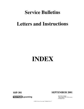 Service Bulletin, Letter and Instruction Index