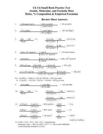 Mass, Mole Review Answers