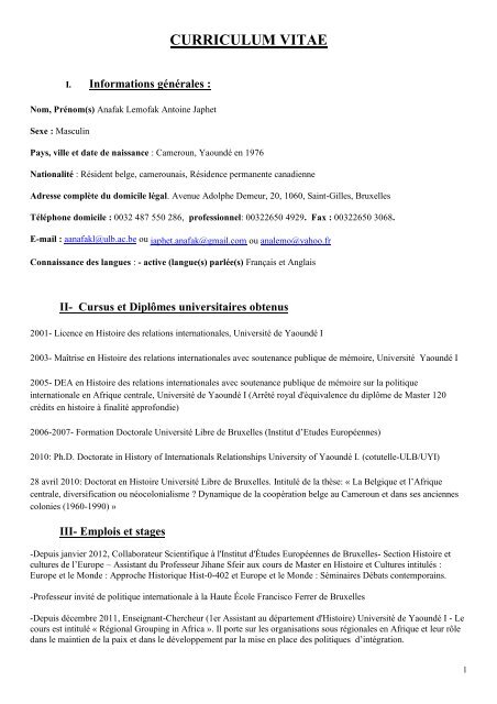 CV - FacultÃ© des Sciences sociales et politiques - UniversitÃ© Libre ...