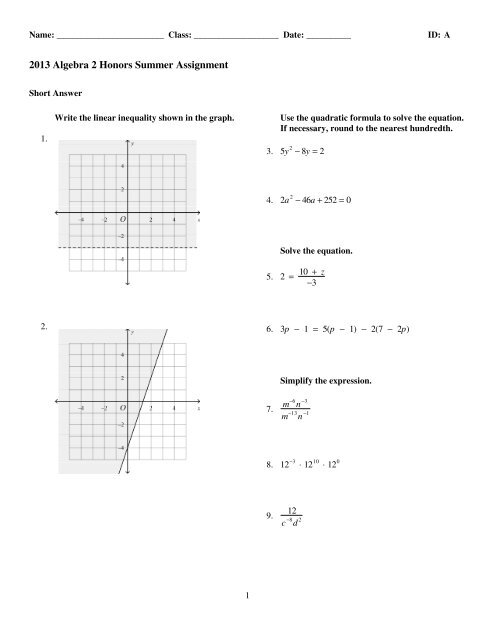 Algebra 2 honors homework help