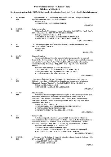 BÄlÅ£i Biblioteca ÅtiinÅ£ificÄ Septembrie-octombrie 2007 . ÅtiinÅ£e reale ...