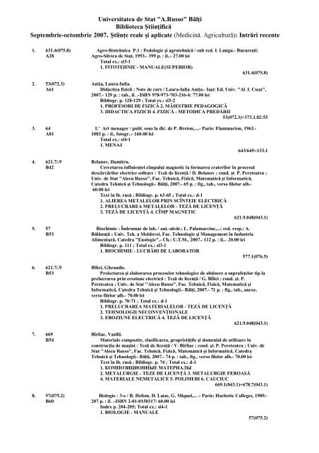 BÄlÅ£i Biblioteca ÅtiinÅ£ificÄ Septembrie-octombrie 2007 . ÅtiinÅ£e reale ...