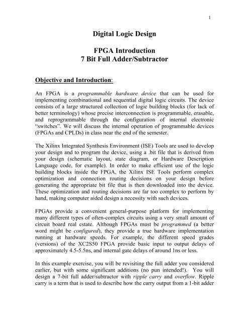 Digital Logic Design FPGA Introduction 7 Bit Full Adder/Subtractor