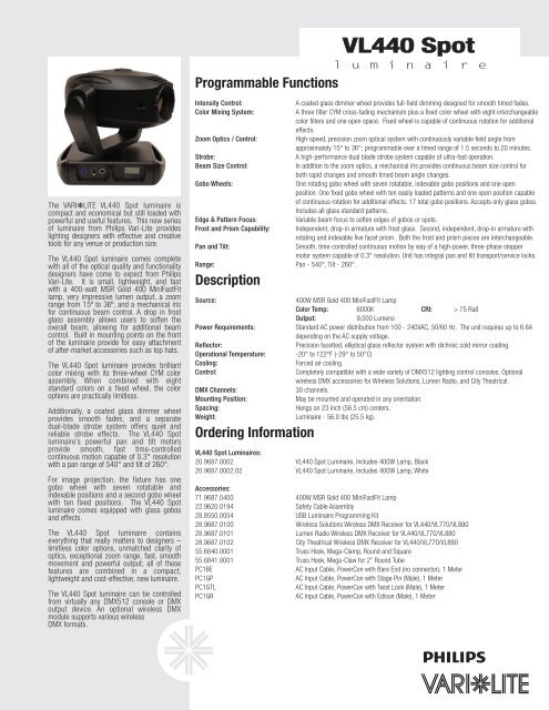 VL440 Spot Luminaire Specification Sheet - Vari-Lite