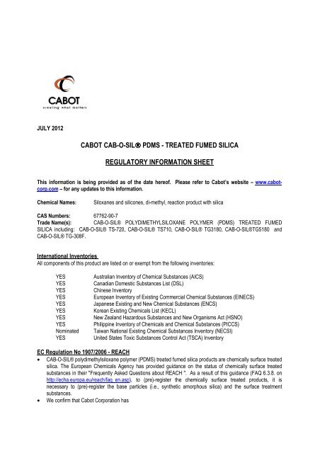 cabot cab-o-sil® pdms - treated fumed silica regulatory 