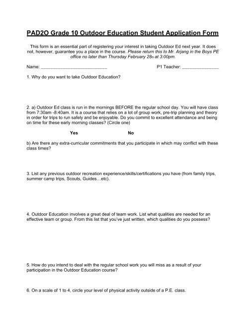 PAD2O Grade 10 Outdoor Education Student Application Form