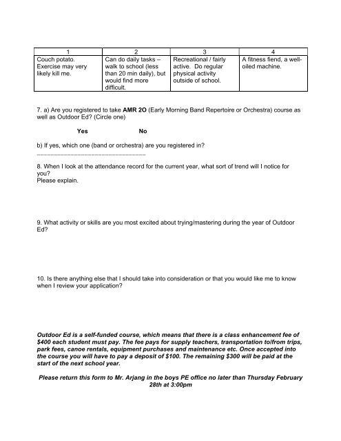 PAD2O Grade 10 Outdoor Education Student Application Form