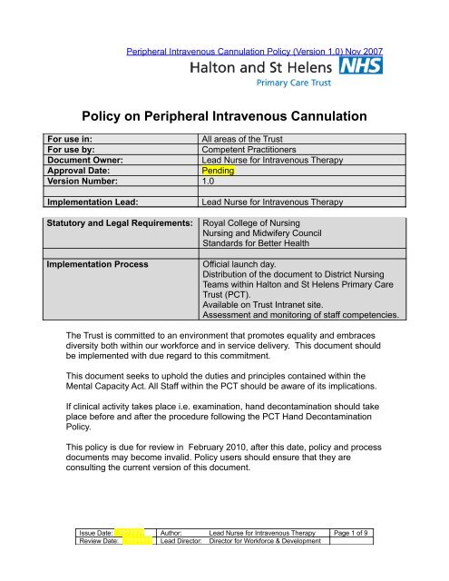 Policy on Peripheral Intravenous Cannulation - Halton and St ...