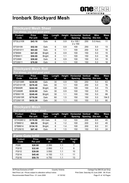 Country Victoria Prices Effective From 1/06/2006 - OneSteel