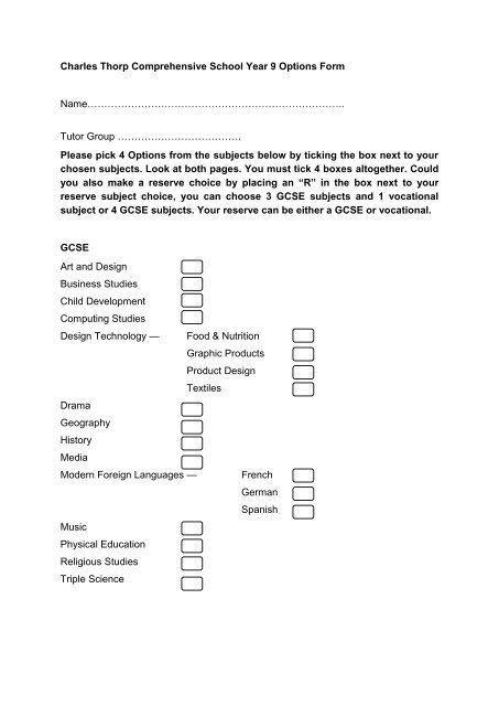Charles Thorp Comprehensive School Year 9 Options Form Name Charles Thorp Comprehensive School Year 9 Options Form Name