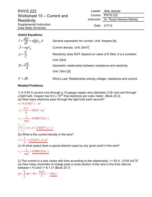 Phys 222 Worksheet 10 Current And Resistivity Iowa State