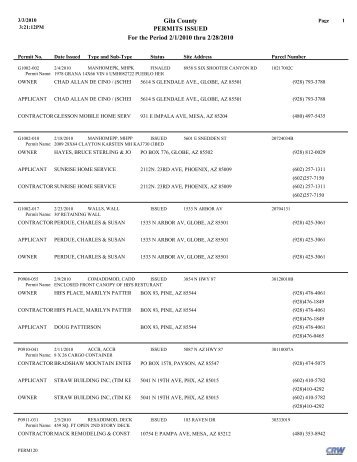 Gila County PERMITS ISSUED For the Period 2/1/2010 thru 2/28/2010